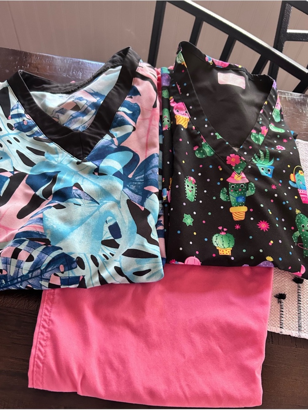 Colorful Cactus Print & Tropical Scrub Tops with Pink Pants
